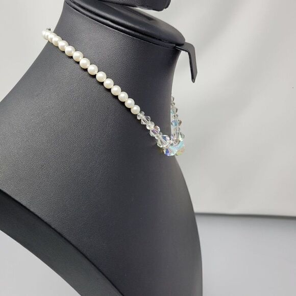 Vintage 50s AB Crystals Faux Pearl Choker Necklace Clear Aurora Borealis Japan - Picture 6 of 11